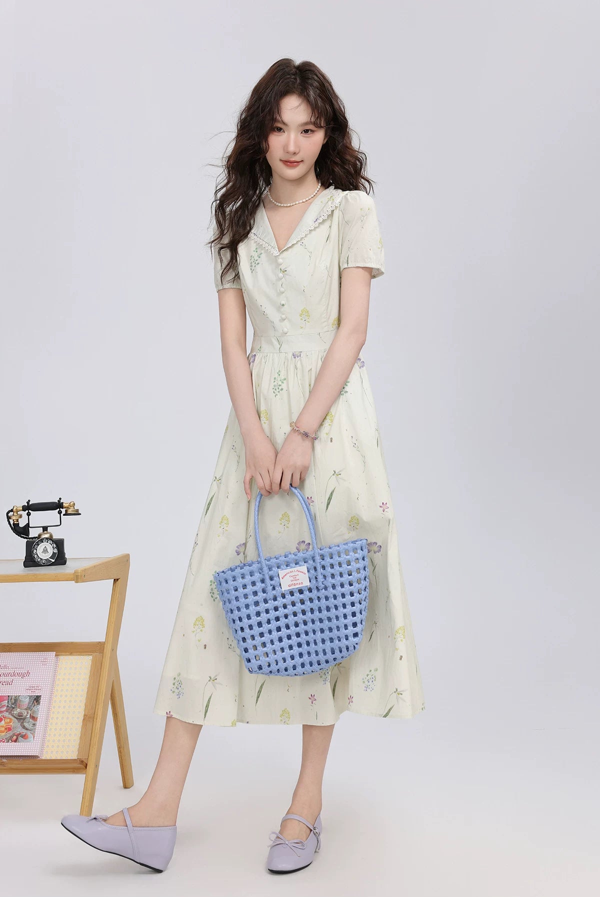 Dried Flowers Midi Shirt Dress (Cream)
