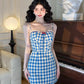 Vintage Gingham Floral Cami Dress (Blue)