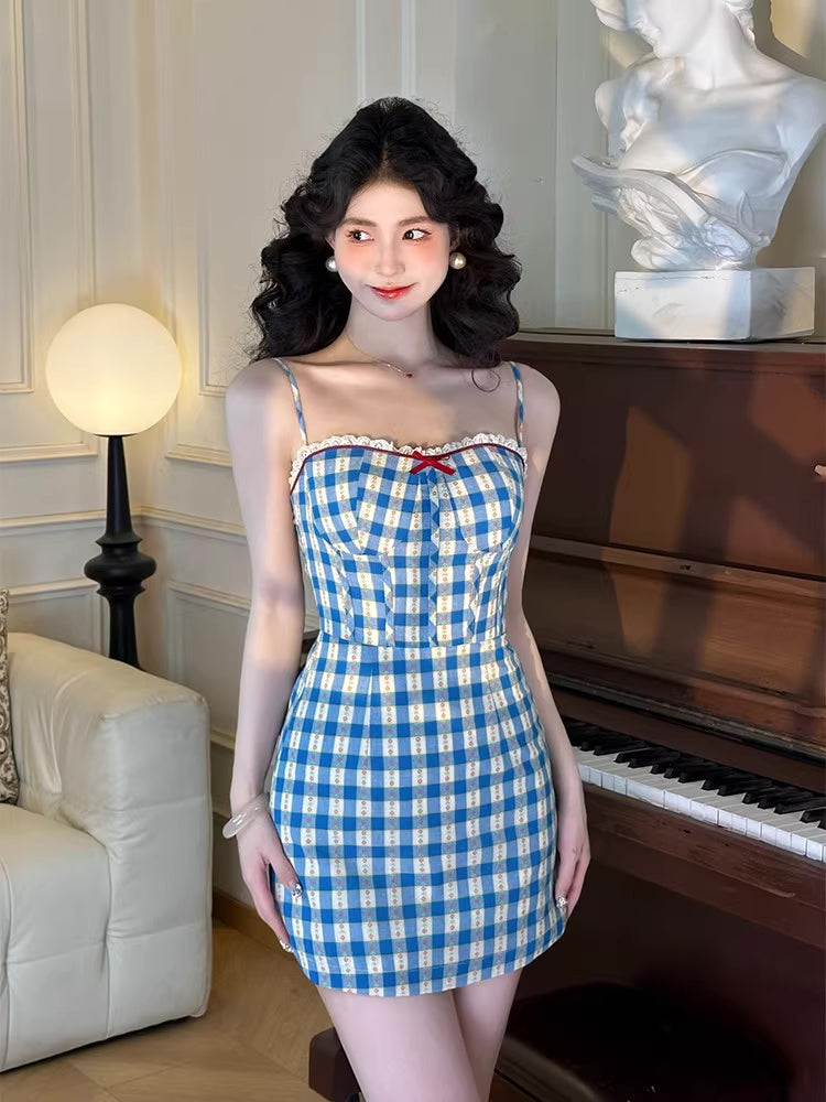 Vintage Gingham Floral Cami Dress (Blue)