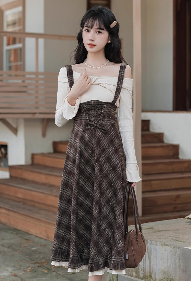 Snowy Plaid Twofer Suspender Midi Dress (Cream/Brown)