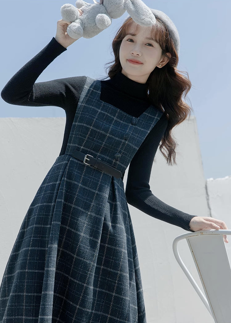 Belted Plaid Pinafore Dress (3 Colors)