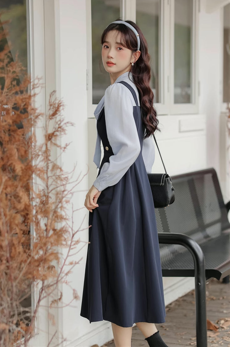 Tie Neck Twofer Midi Dress (Navy)