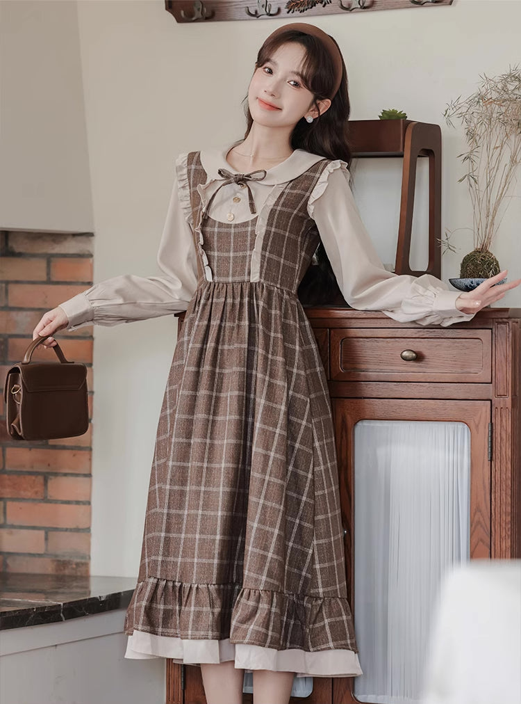 Cocoa Plaid Twofer Midi Dress (Khaki)