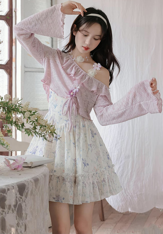 Sweet Floral Mini Dress (White/Purple)