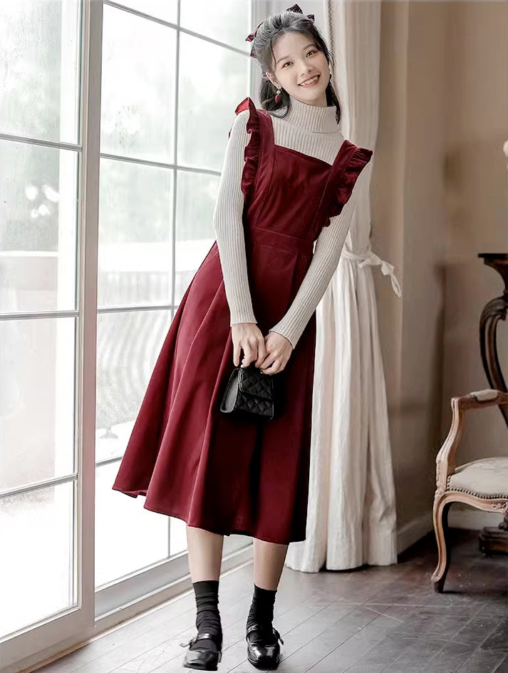 Frilly Corduroy Apron Pinafore Dress (3 Colors)