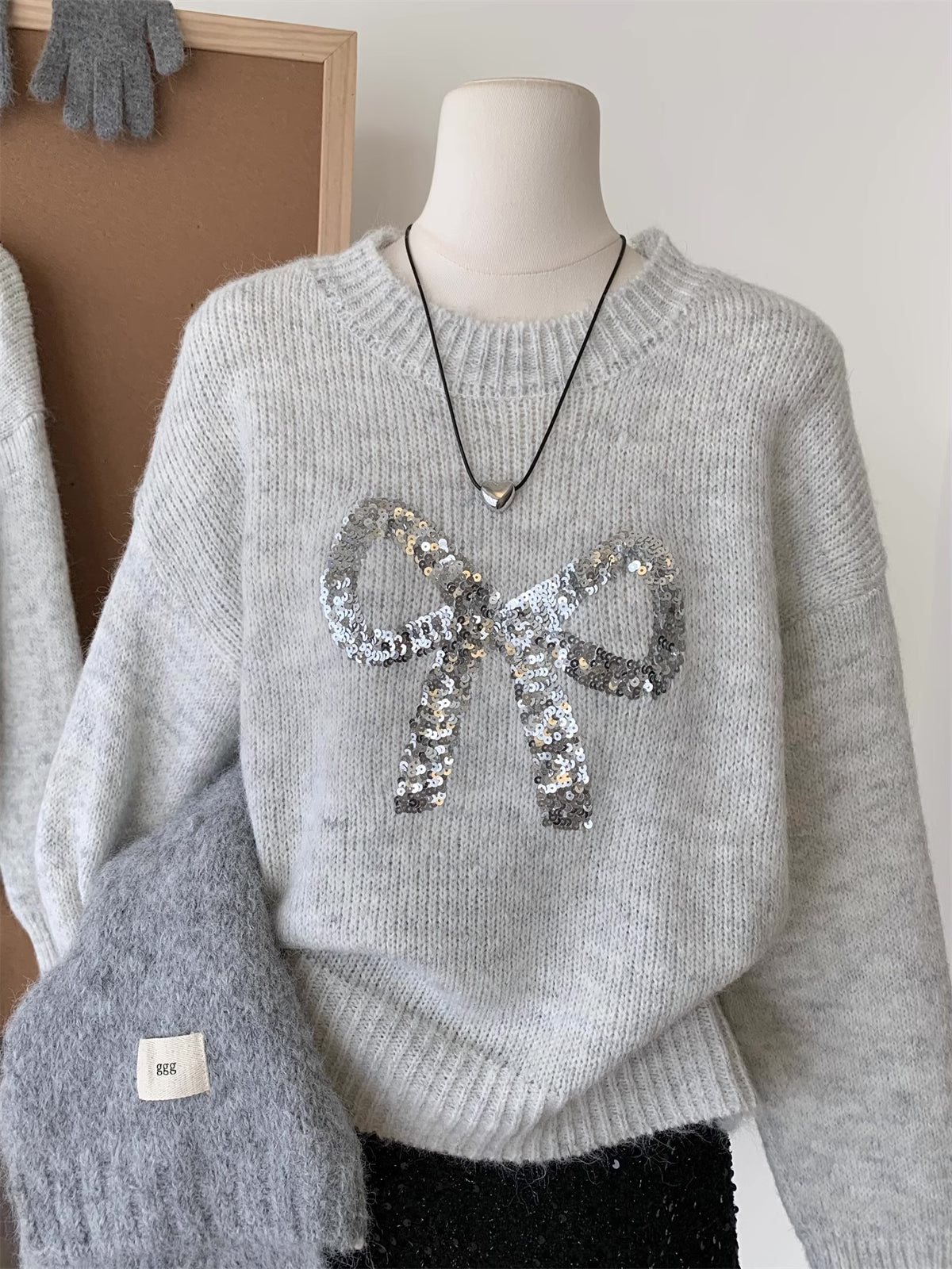 Sequin Bow Sweater (Grey)