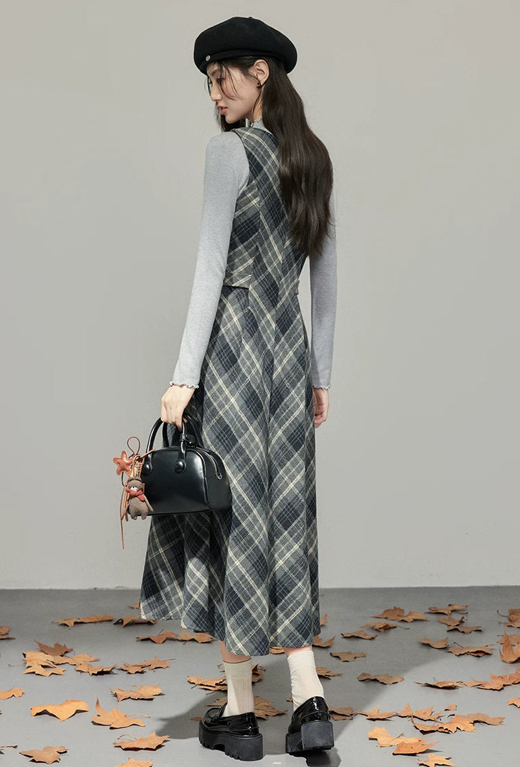 Midnight Plaid Pinafore Midi Dress (Grey)