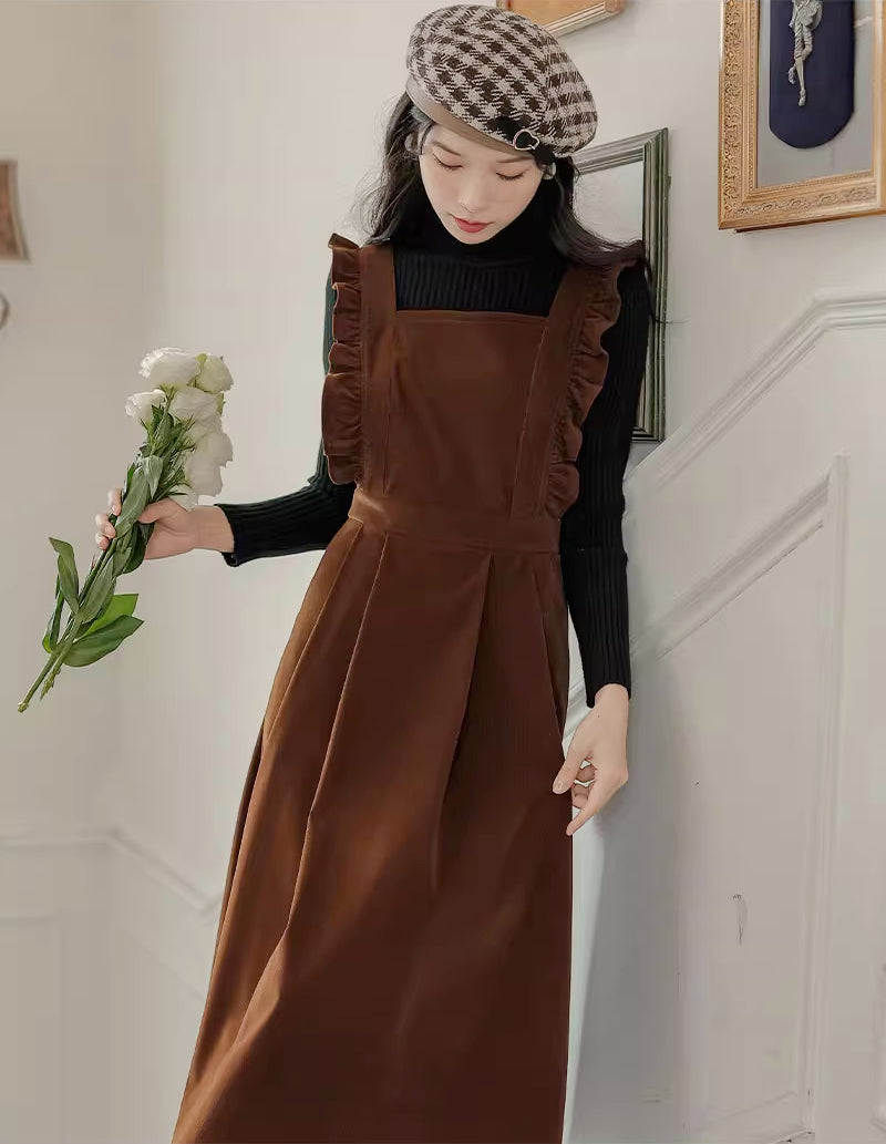 Frilly Corduroy Apron Pinafore Dress (3 Colors)