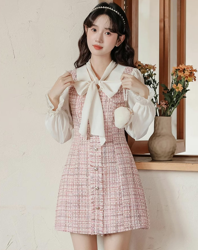 Tie Neck Tweed Mini Shift Dress (Pink)