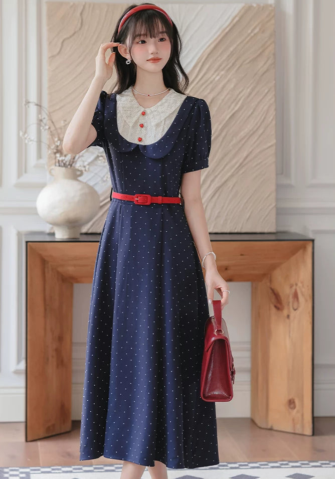 Miss Americana Polka Dot Midi Dress (Navy)