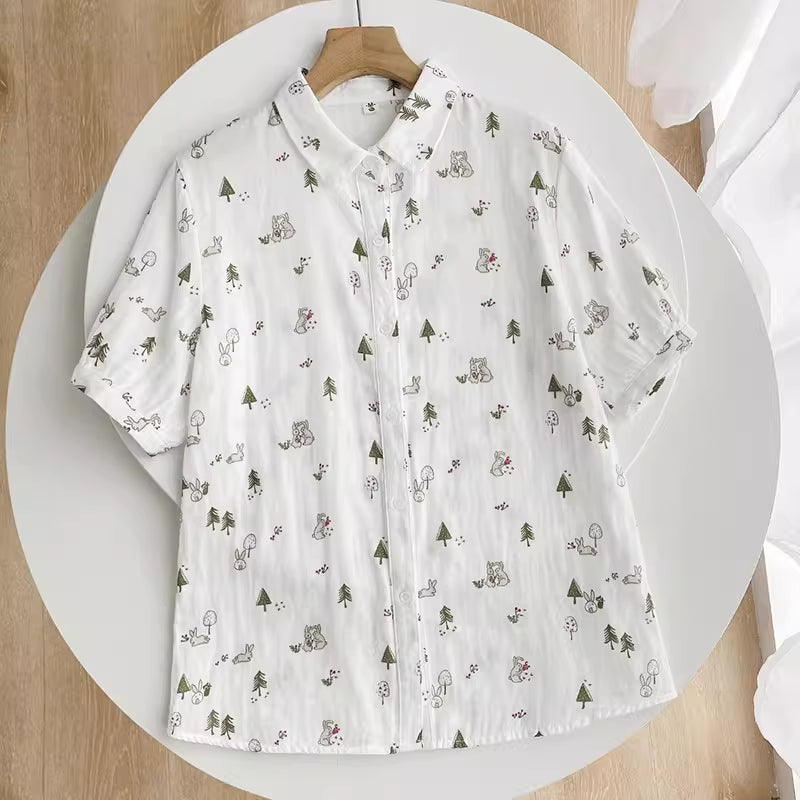 Forest Bunny Button Up Shirt (White)