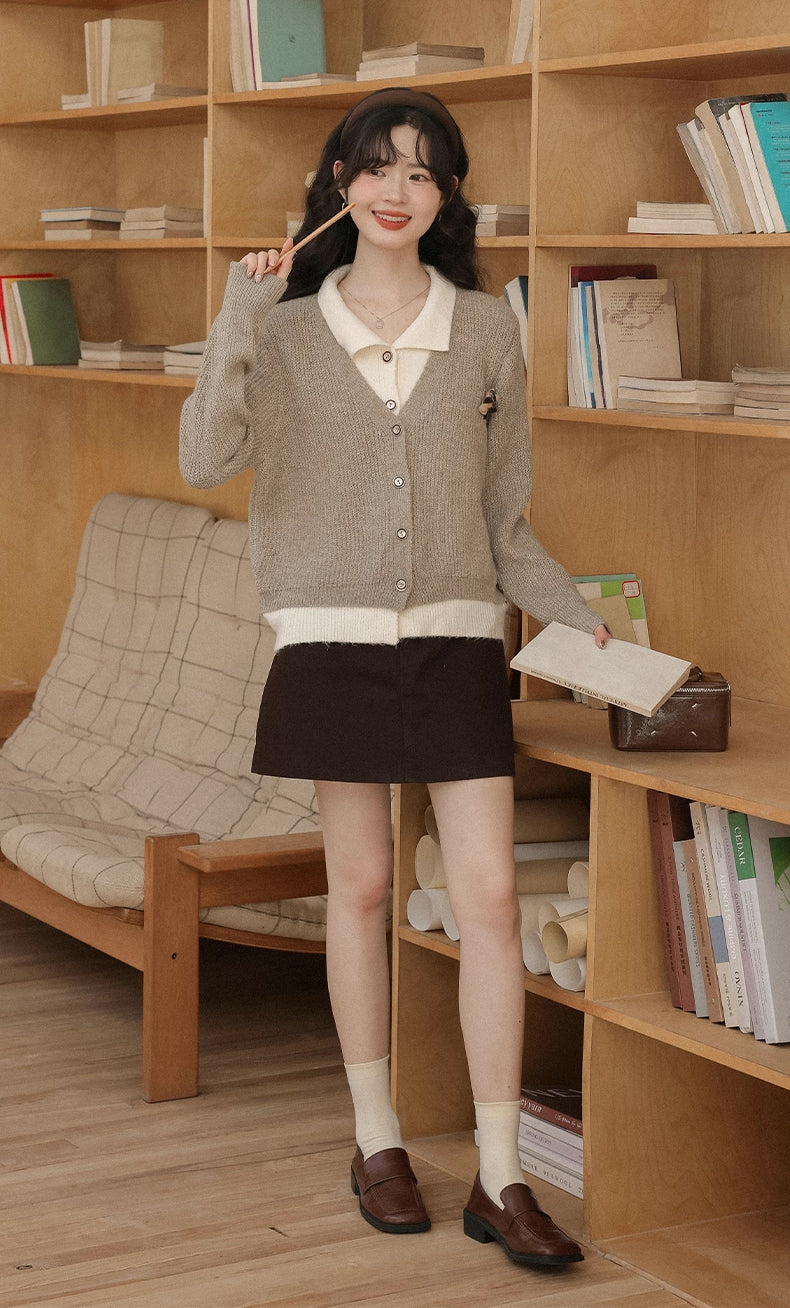 Faux Layered Cardigan (Khaki)
