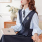 Corduroy Suede Midi Pinafore Dress & Blouse Set (Navy)