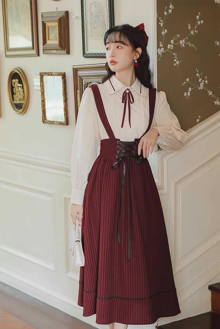 Long Sleeve Crepe Suspender Skirt Set (2 Colors)