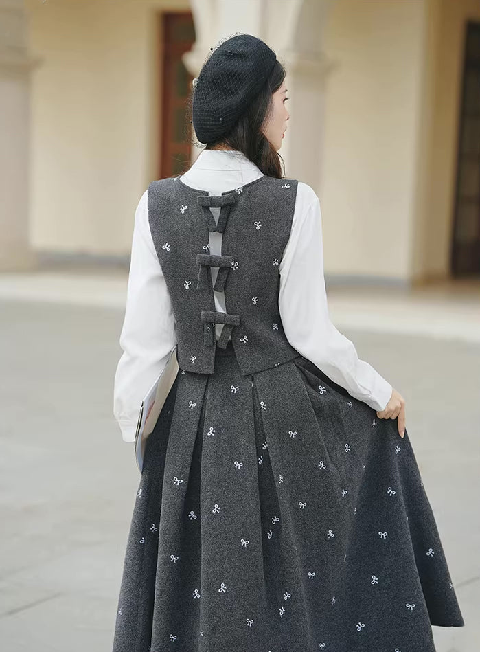 Preppy Bows Vest & Skirt Set (Grey)
