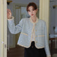 Gingham Lace Trim Tweed Jacket (Blue)