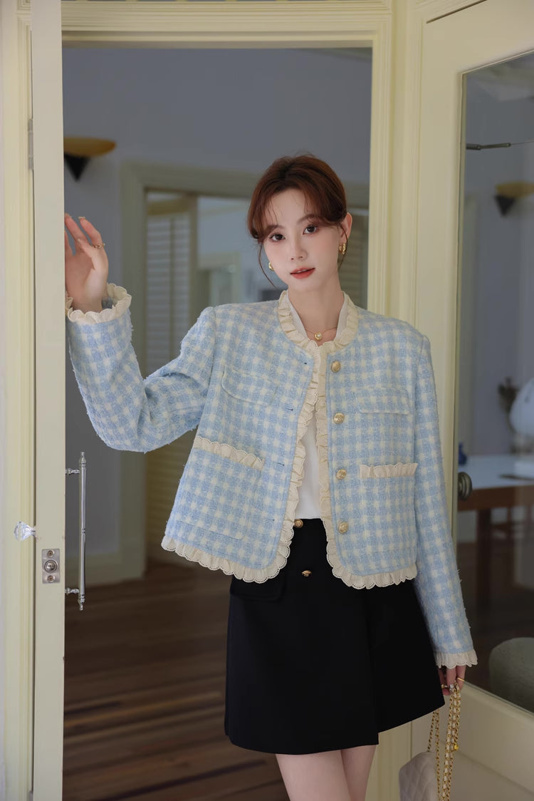 Gingham Lace Trim Tweed Jacket (Blue)