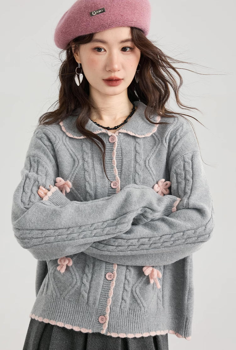 Braided Knit Bows Cardigan (Gray)