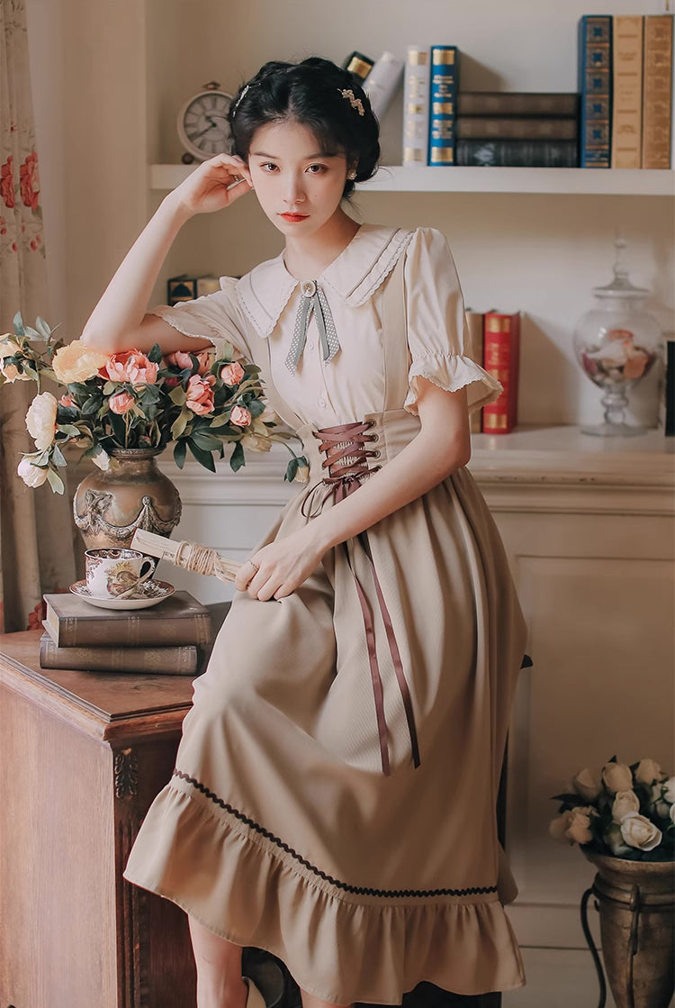 Short Sleeve Lace Up Suspender Skirt Set (3 Colors)