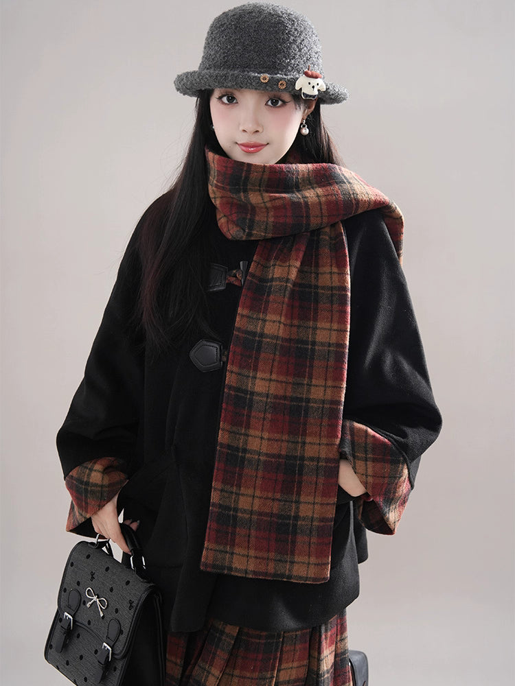 Bookshop Plaid Toggle Jacket & Skirt Set (Black)