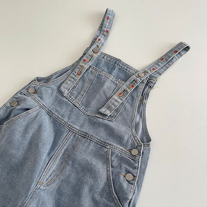 Rosy Days Embroidered Short Overalls (Light Denim)