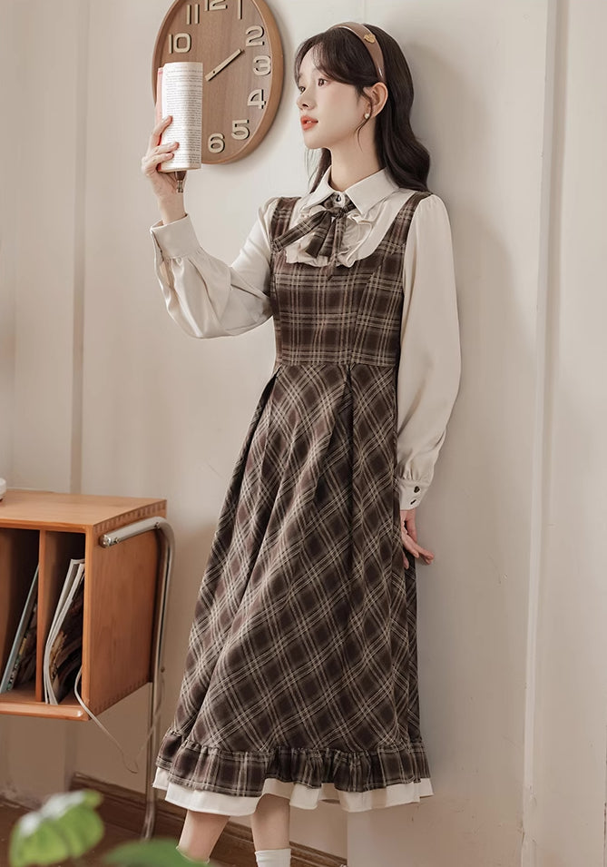 Hazel Plaid Twofer Midi Dress (Brown)