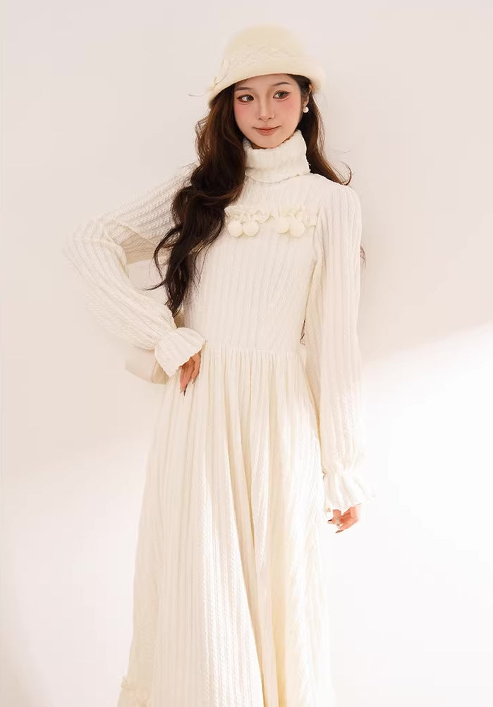 Cherry Pom Pom Turtleneck Sweater Dress (White)