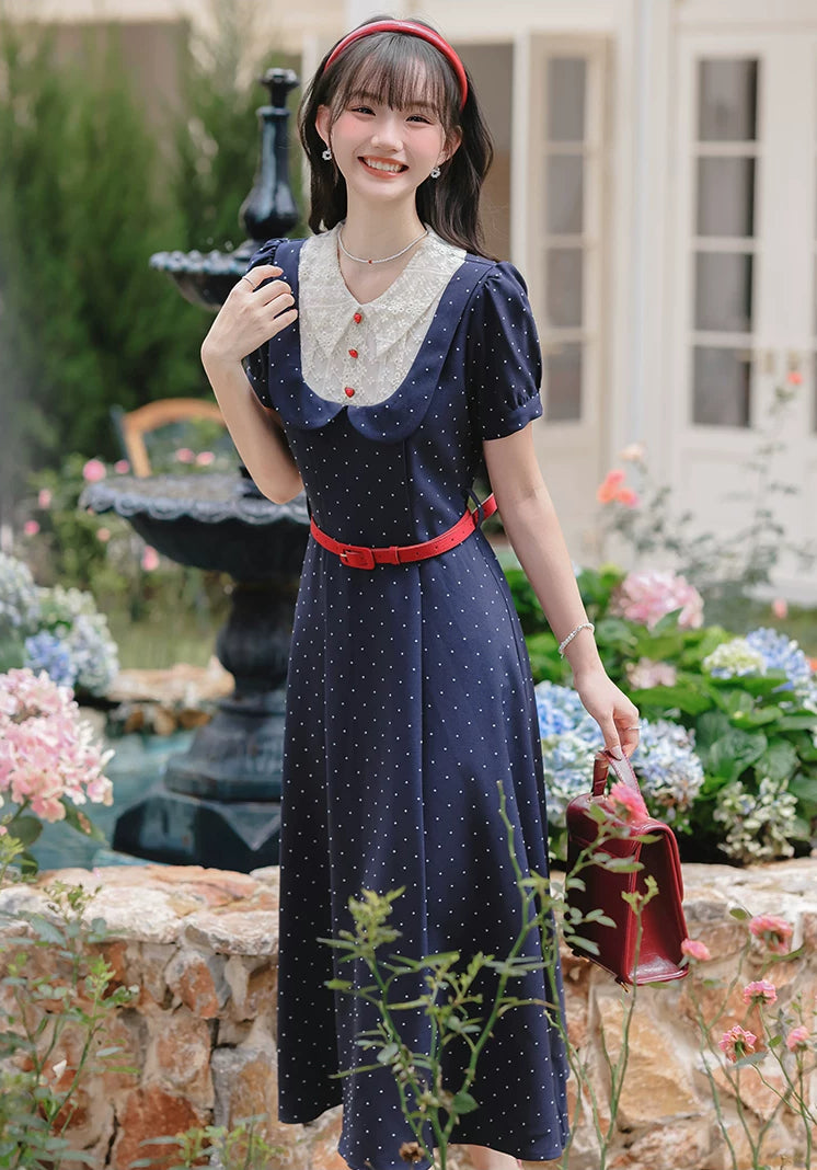 Miss Americana Polka Dot Midi Dress (Navy)