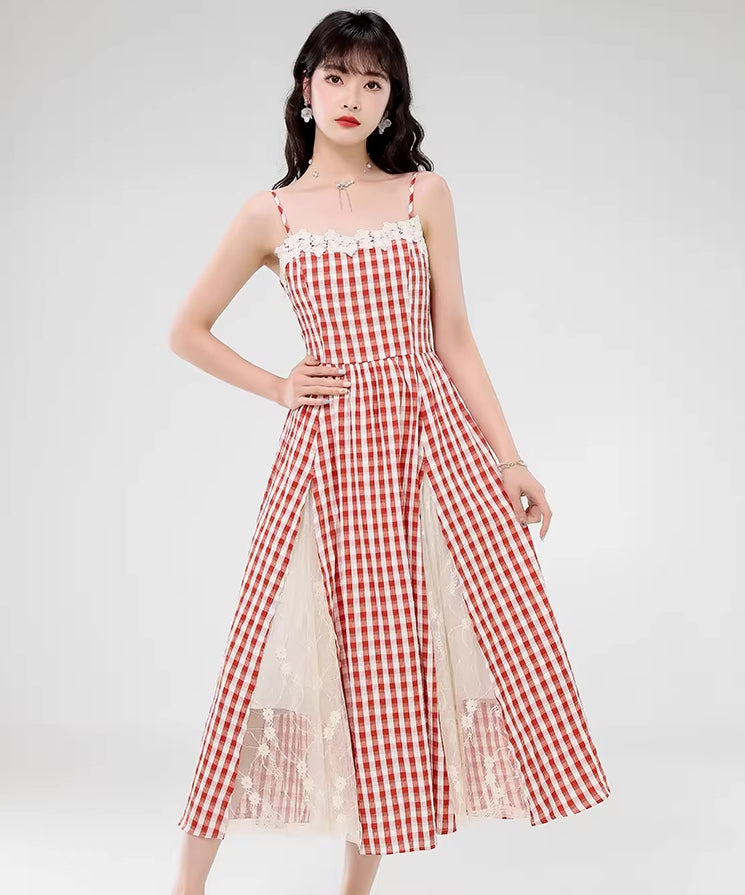 Gingham Lace Cami Maxi Dress (2 Colors)