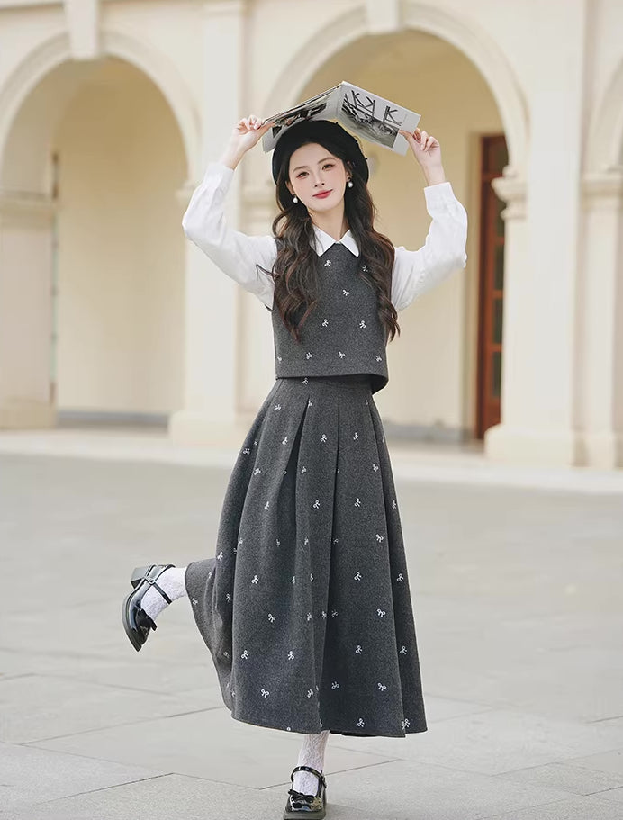 Preppy Bows Vest & Skirt Set (Grey)