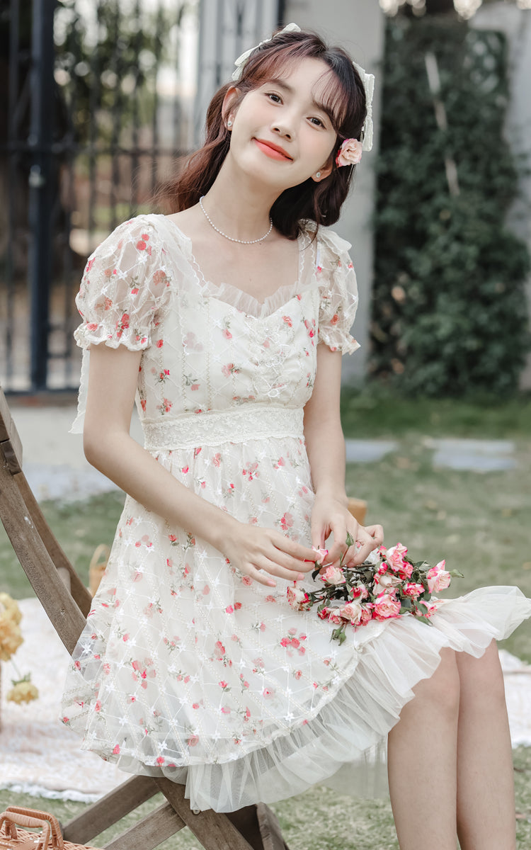 Dainty Rose Petticoat Mini Dress (White)