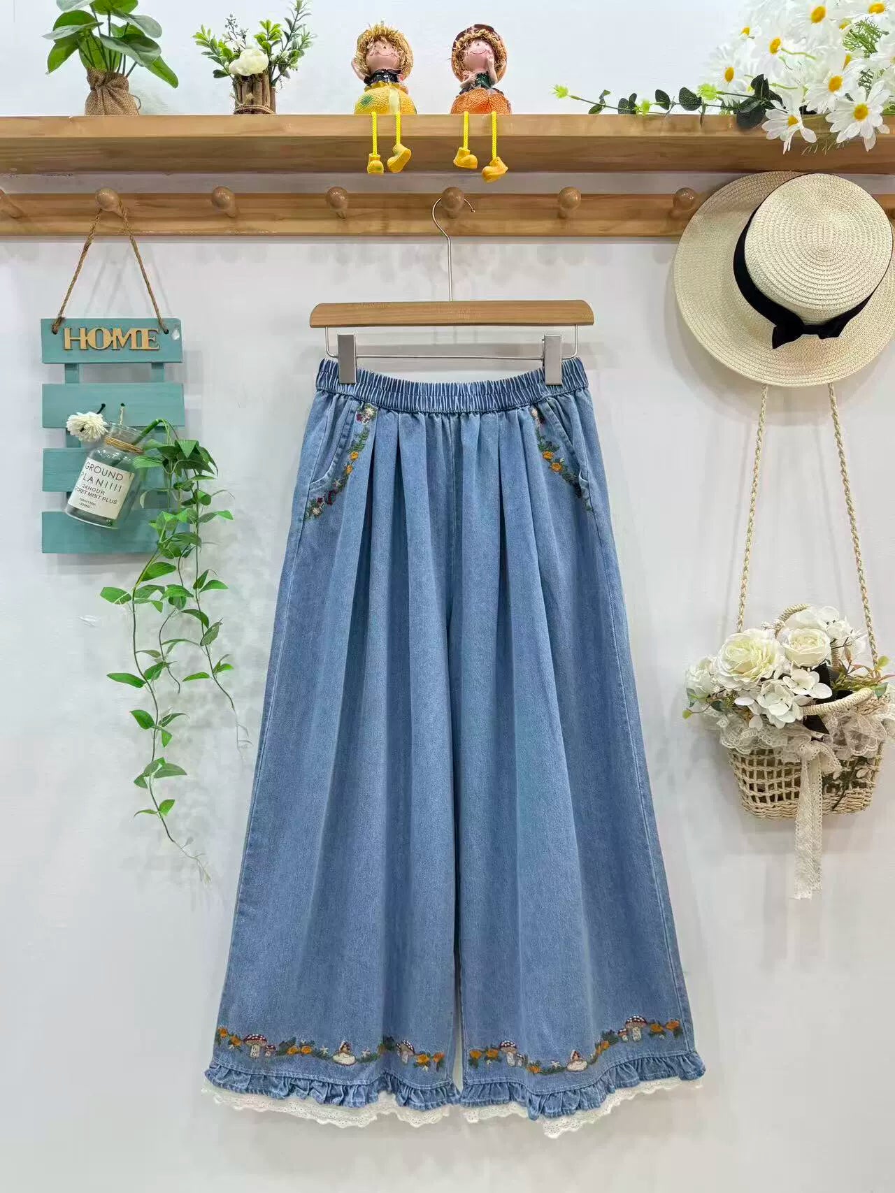 Forest Floor Embroidered Denim Pants (2 Colors)