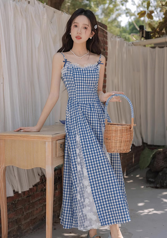 Gingham Lace Cami Maxi Dress (Blue)