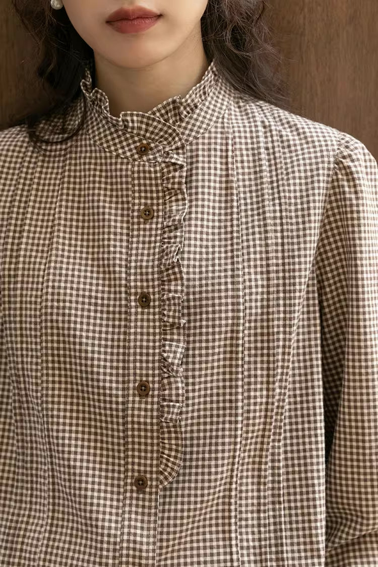 Gingham Plaid Ruffle Blouse (Coffee)