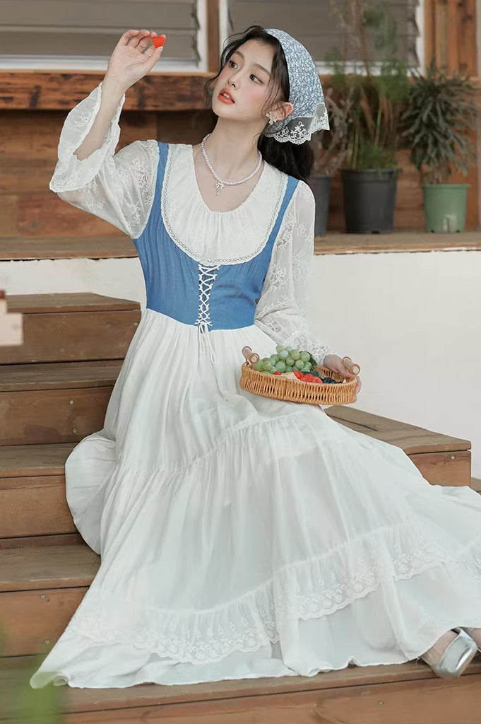 Belle Twofer Corset Peasant Maxi Dress (White/Blue)