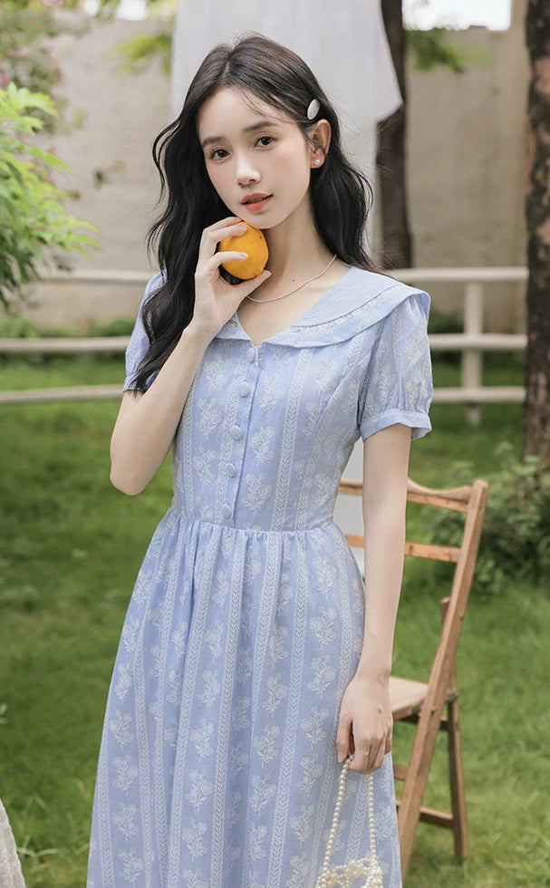 Floral Stripe Midi Dress (Blue)