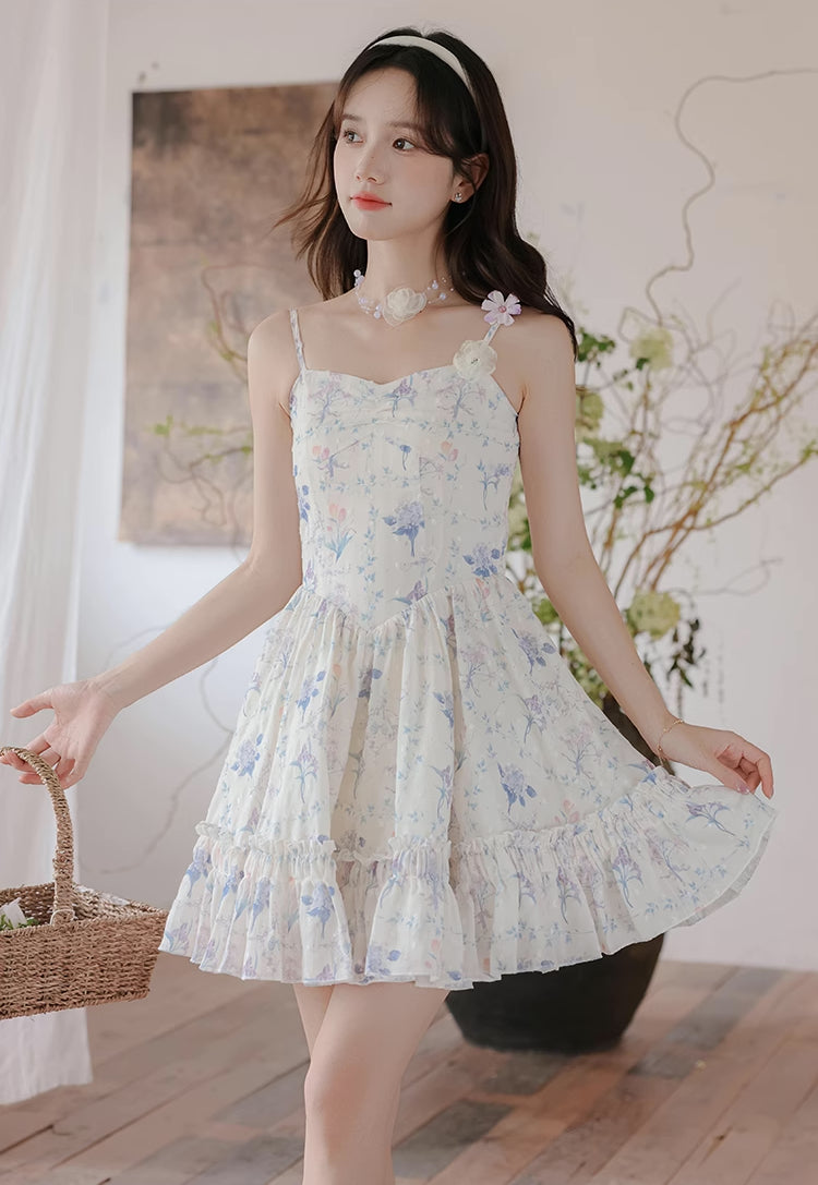 Sweet Floral Mini Dress (White/Purple)