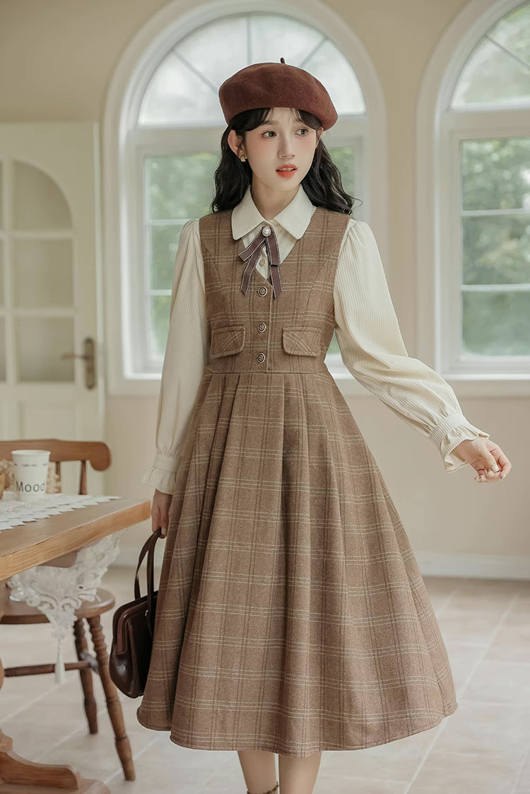 Acorn Plaid Tweed Midi Pinafore Dress (Brown)