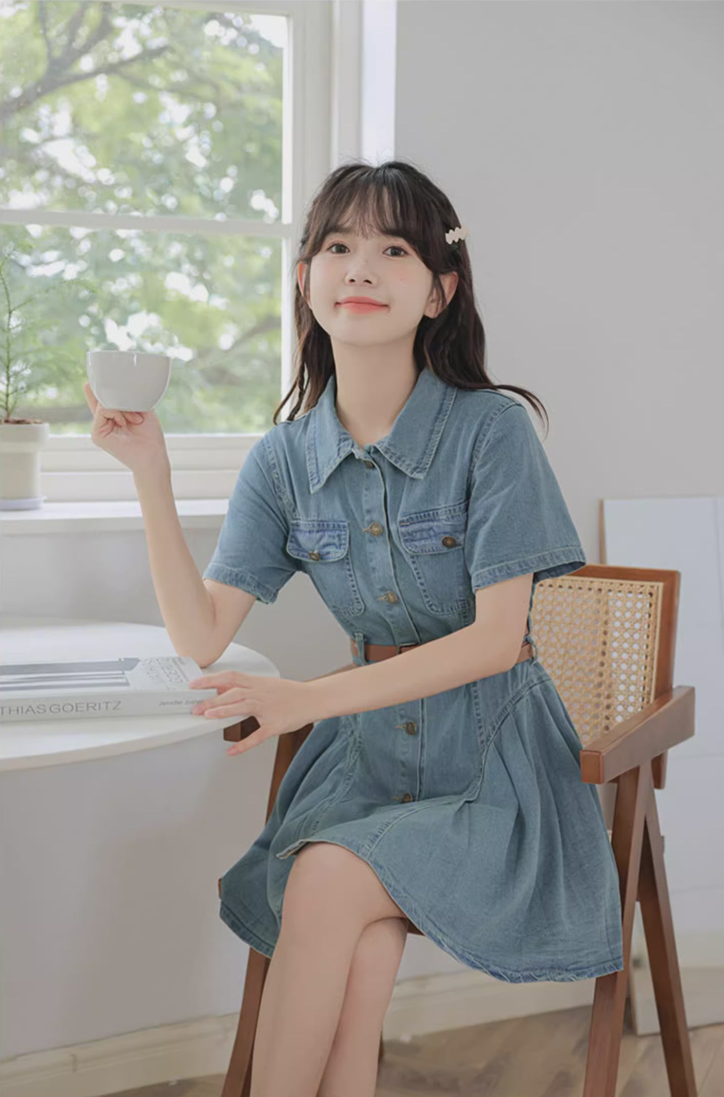 Button Up Denim Mini Dress (Medium Blue)