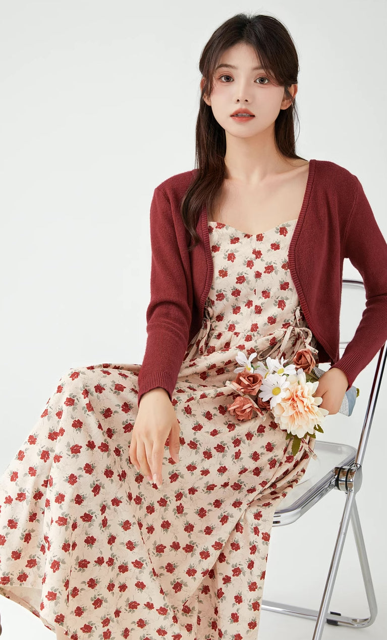 Lace Up Floral Cami Midi Dress (Beige/Red)