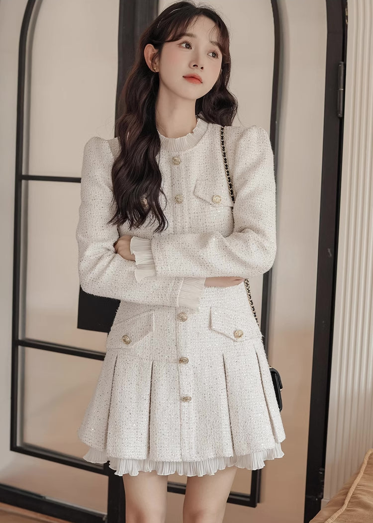 Snowy Sequin Tweed Mini Dress (White)