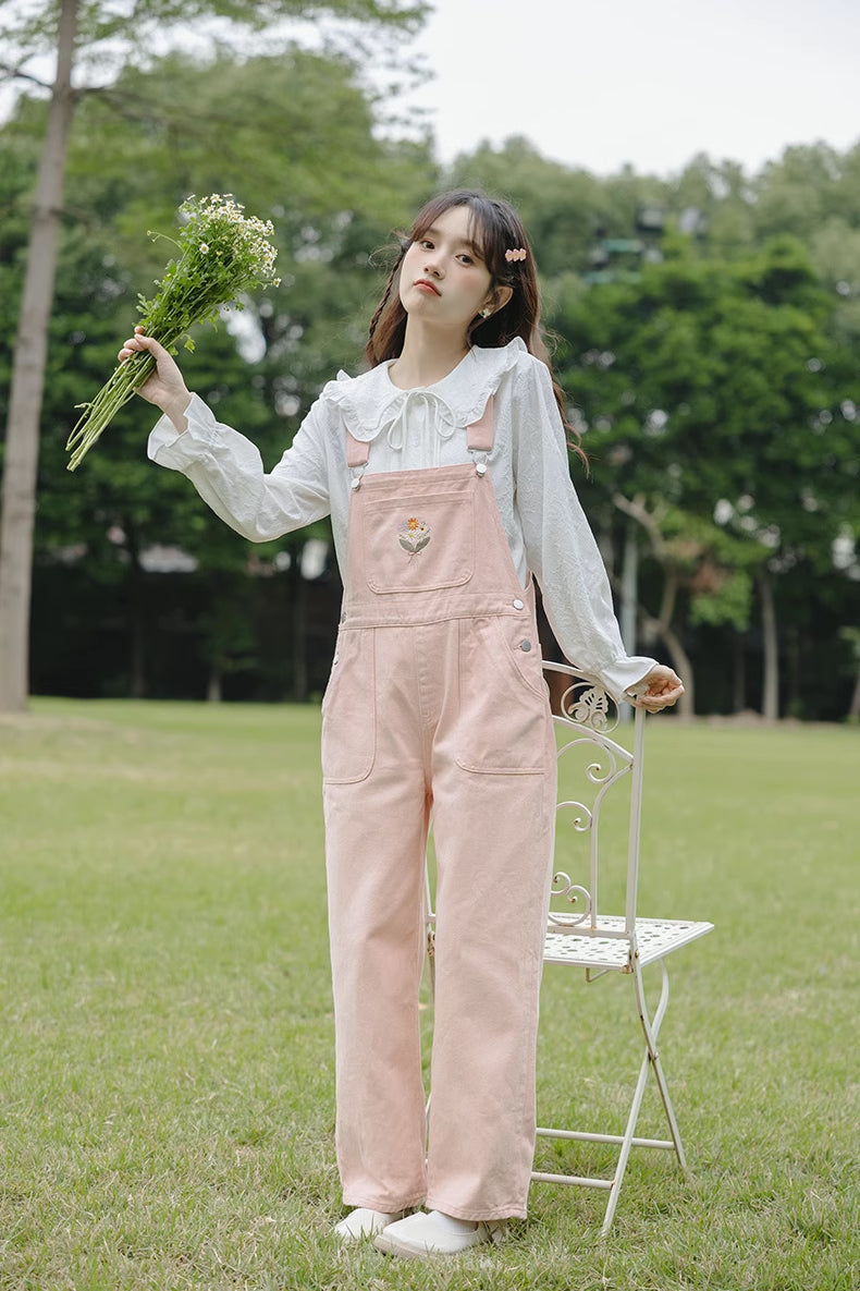 Flower Bouquet Embroidered Overalls (Pink)