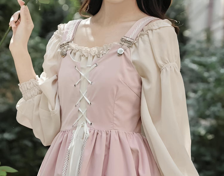 Two-Piece Corset Peasant Dress (Pink/Cream)