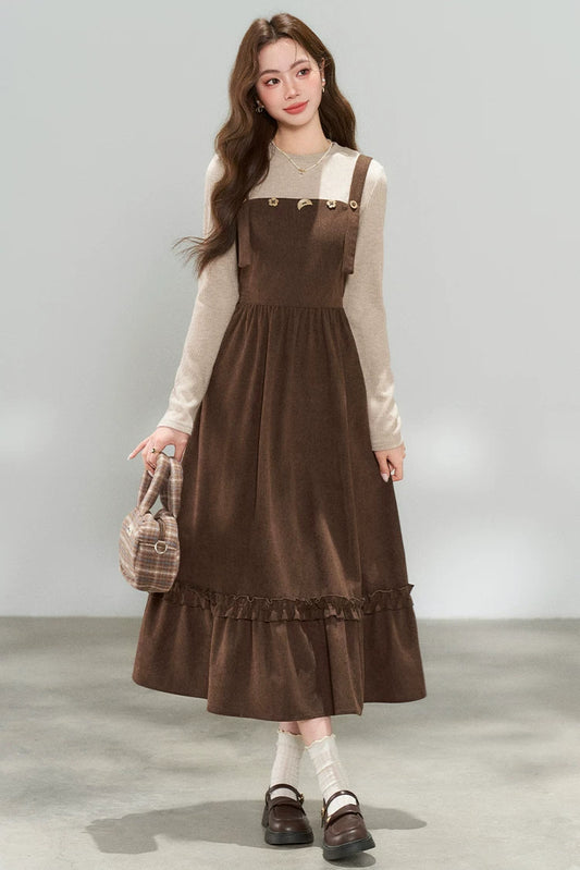 Playful Buttons Twofer Midi Dress (Brown)