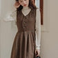 Fallen Leaves Plaid Pinafore Dress Set (Brown)