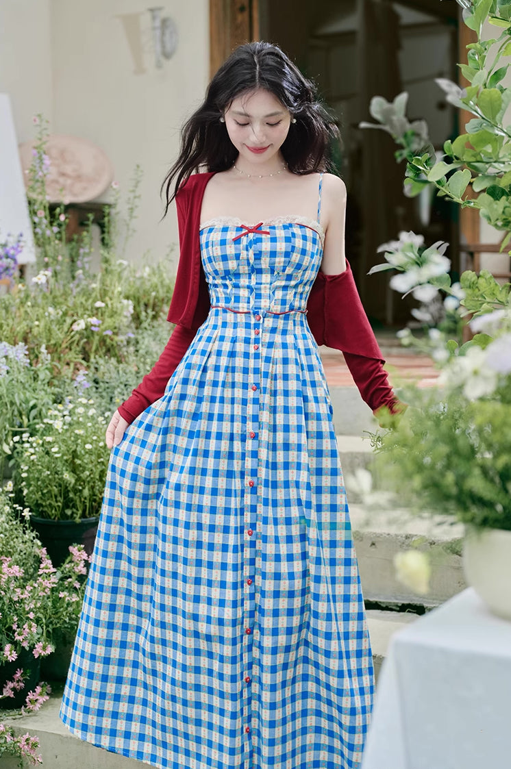 Vintage Gingham Floral Cami Dress (Blue)