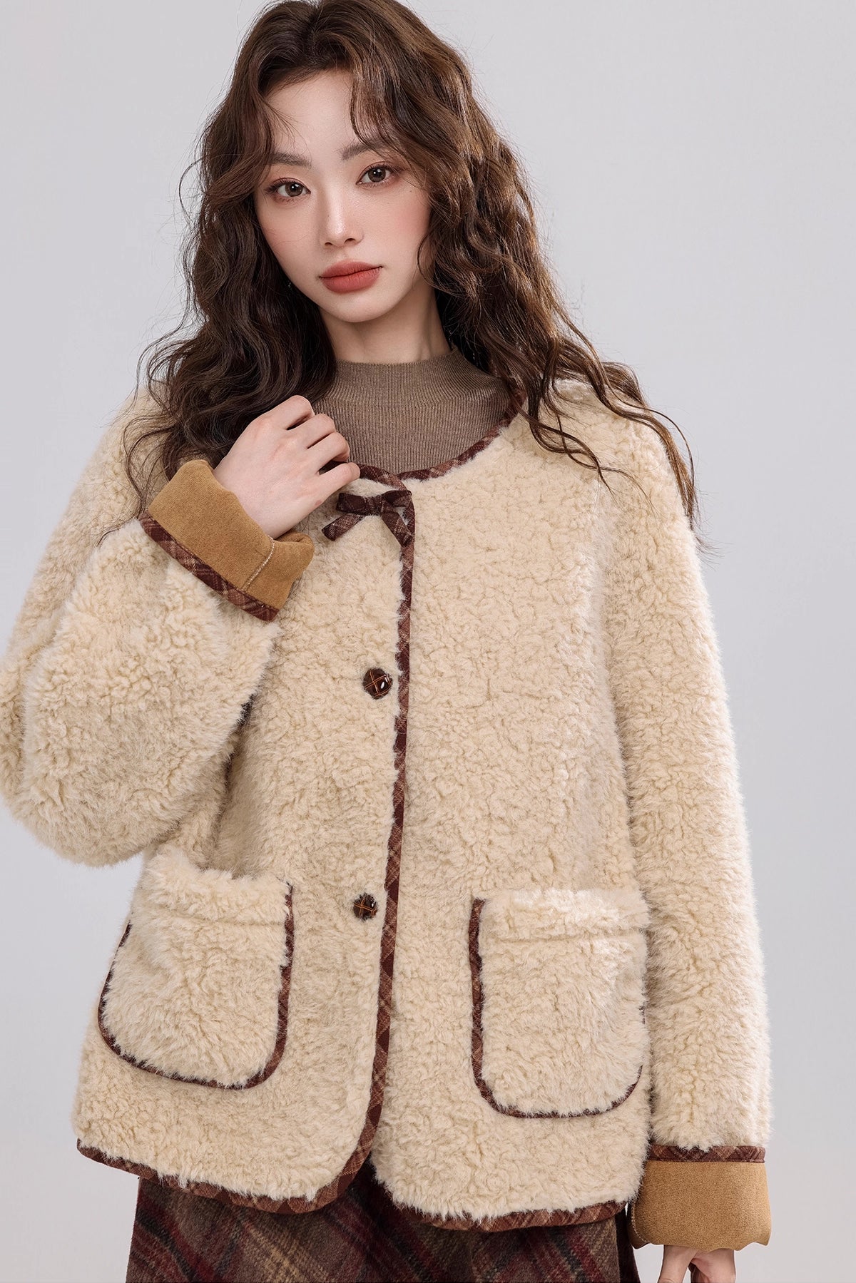 Round Neck Teddy Jacket (Khaki)
