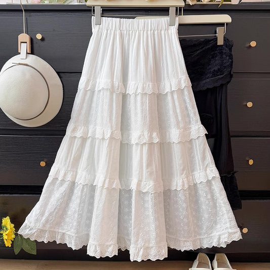 Broderie Tiered Midi Skirt (White)