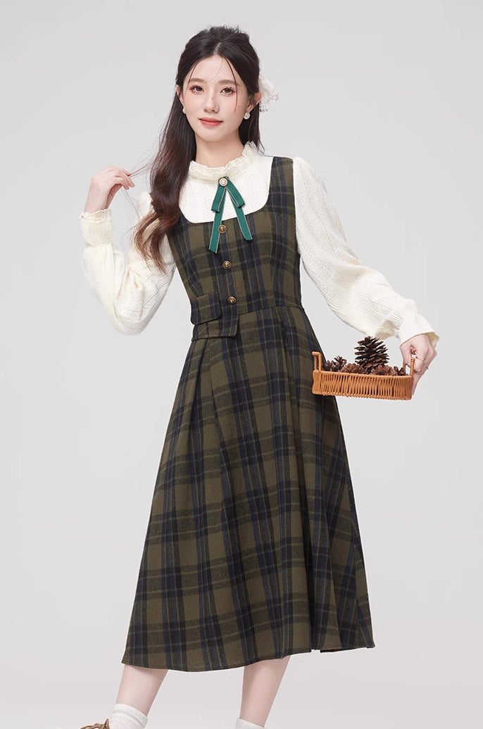 Cabin Plaid Twofer Midi Dress (Olive)