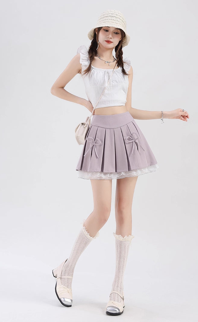 Bow Lace Pleated Mini Skirt (7 Colors)